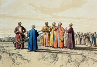 Avondgebed onder de Kalmukken, met extra lange trompetten, illustratie uit 